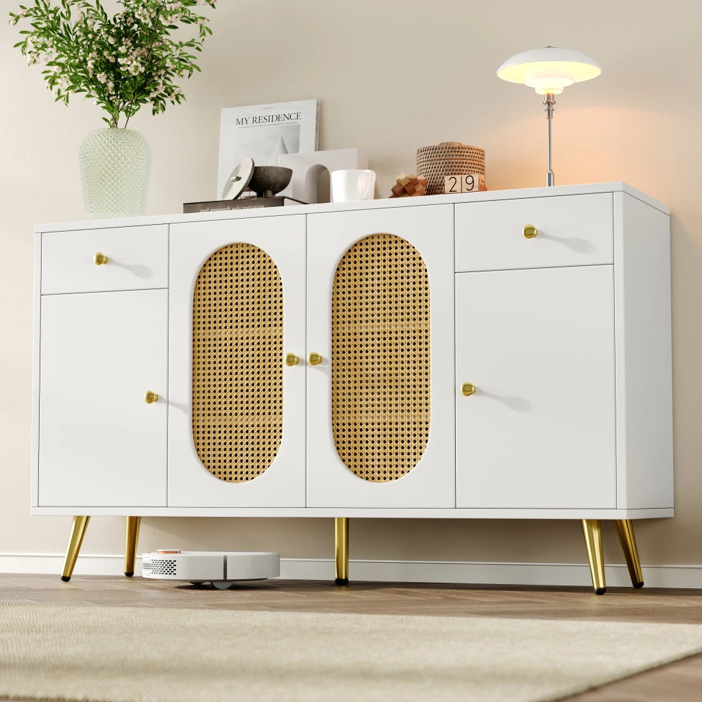 Credenza con 4 ante, 2 cassetti e ripiani regolabili per soggiorno, in truciolare bianco e naturale, 140 × 35 × 82 cm