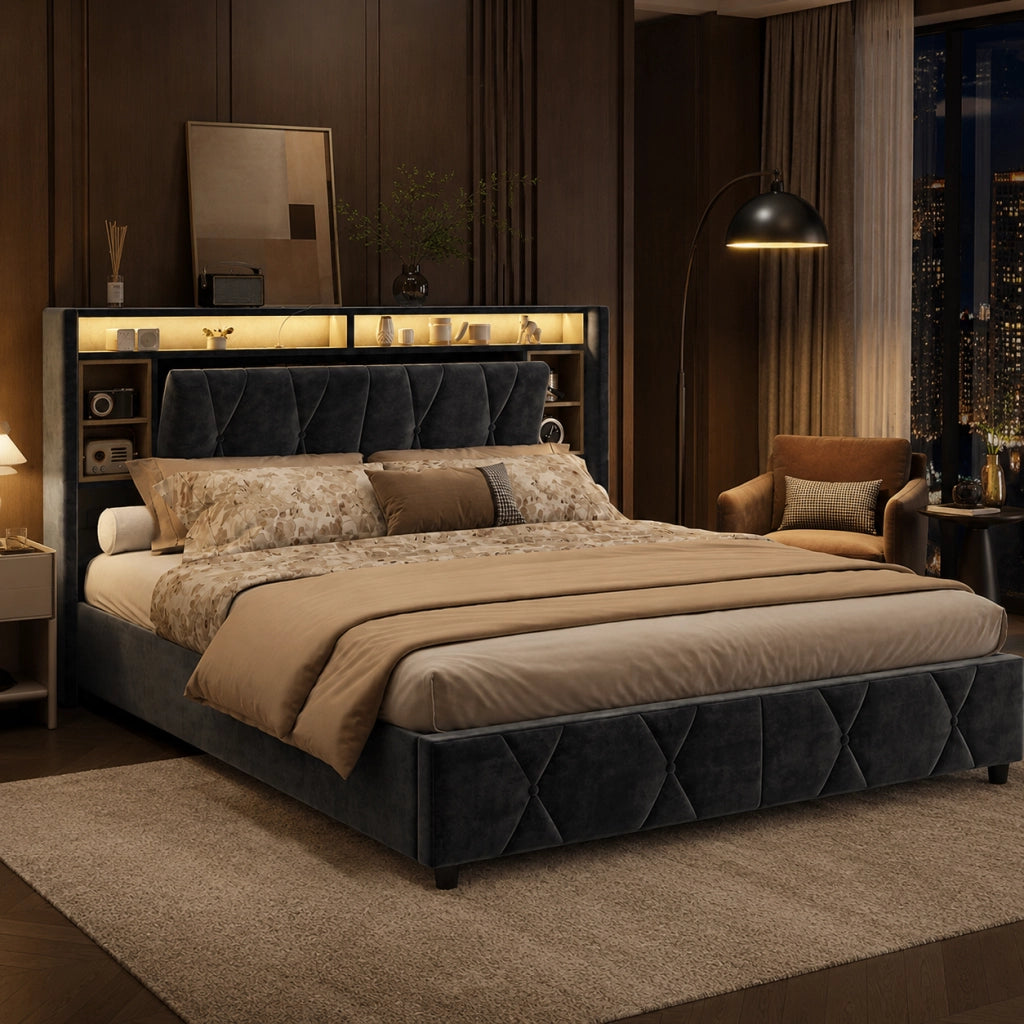 Letto imbottito grigio 160×200 cm, testiera contenitiva multilivello, USB‑C, LED con telecomando, base letto vano idraulico salvaspazio
