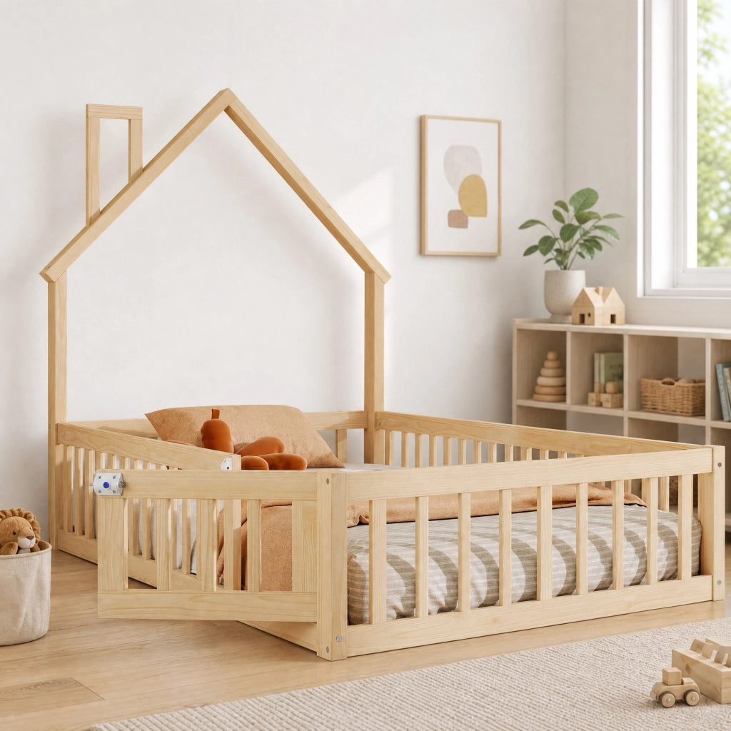 Letto a casetta 90 × 200 cm con struttura a camino rete a doghe e barriera in legno di pino e MDF naturale