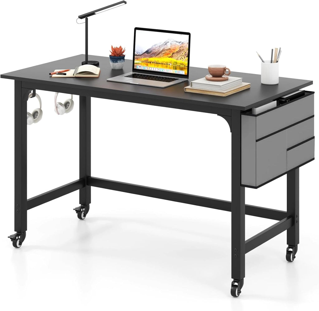 Scrivania per Ufficio e Casa, Scriviania con Ampio Piano, 4 Ruote Bloccabili, Borsa Rimovibile e Ganci per Cuffie, Scriviania per Computer di Metallo e Legno (Nero)