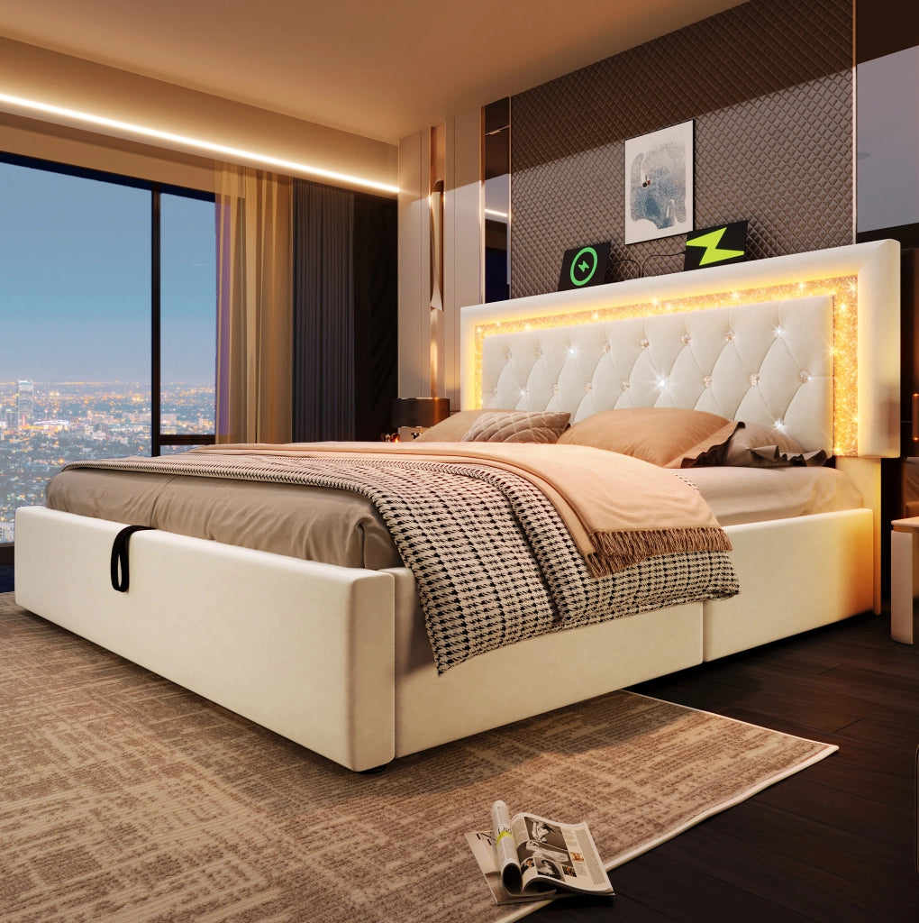 Letto imbottito 160x200 cm in velluto con LED, USB e contenitore