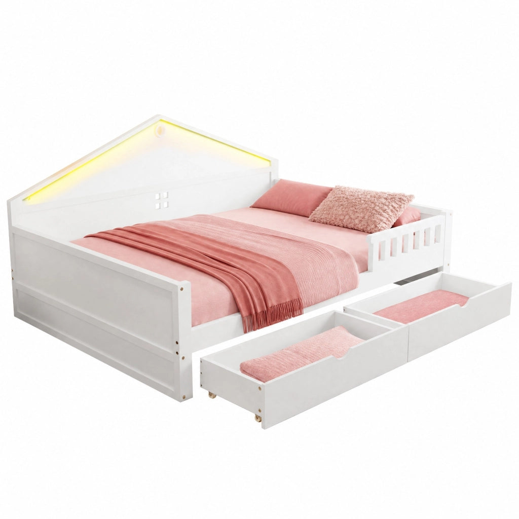 Letto 140x200 cm con LED e 2 cassetti in legno di pino, compensato e MDF bianco