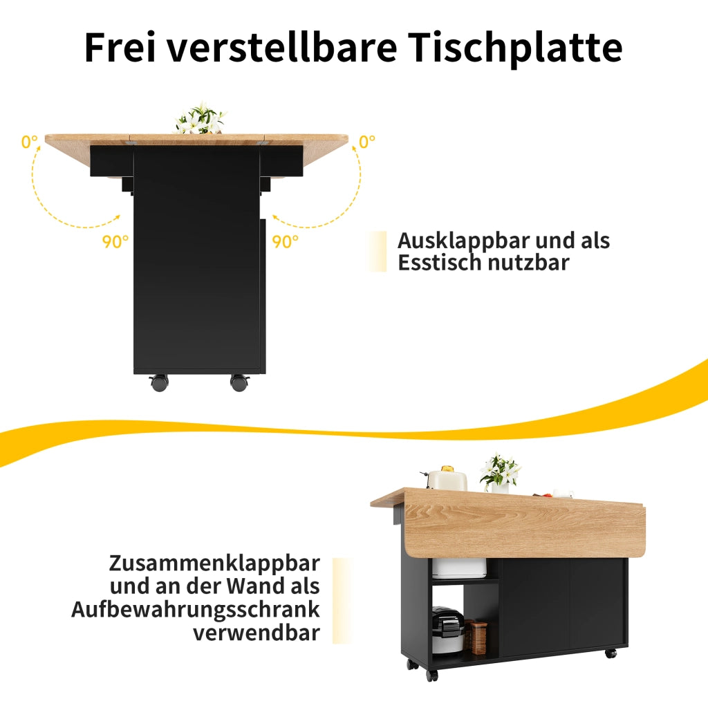 Desviae Carrello da cucina con piano pieghevole e ruote, ripiani aperti e armadietti in MDF e vetro nero per casa