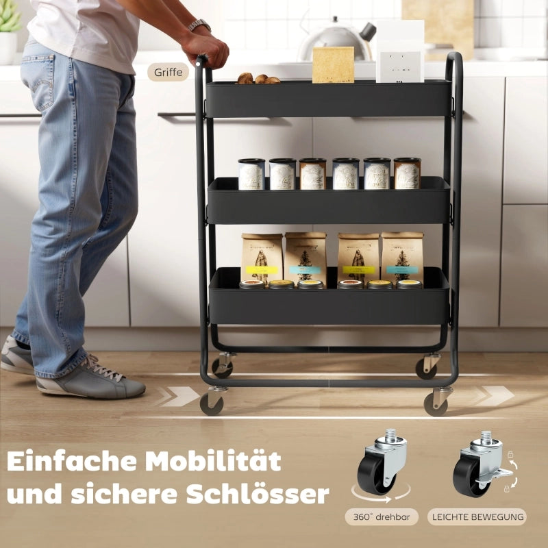 Carrello da cucina a 3 ripiani in metallo nero con 4 ruote di cui 2 bloccabili 64.5 × 34 × 87 cm