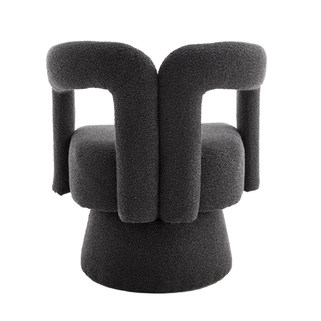 Poltrona girevole a 360°, tessuto bouclé grigio scuro, struttura in legno massello e metallo, 67x55x74 cm