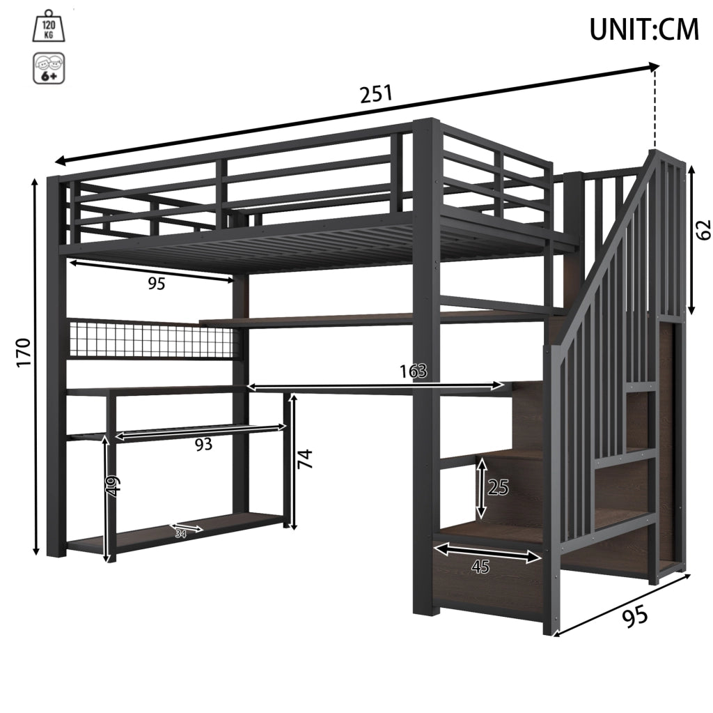 Letto a soppalco 90x200 cm in metallo e MDF nero con LED e scrivania