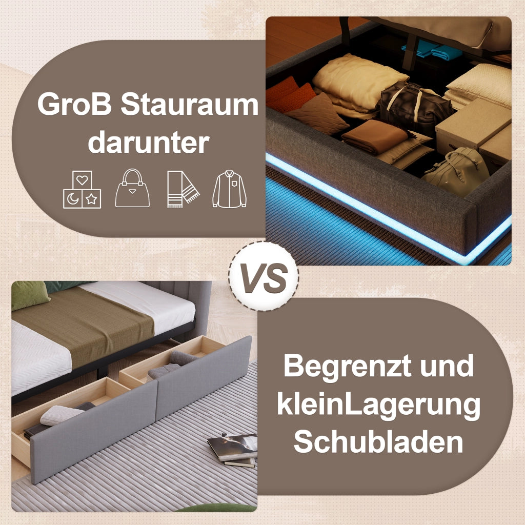 Letto contenitore 140 × 200 cm con LED USB e Type-C rivestito in lino grigio con vani laterali