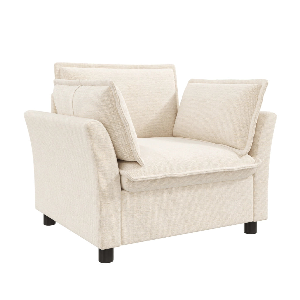 Poltrona relax con braccioli, cuscini e seduta profonda per soggiorno con struttura in metallo in chenille beige