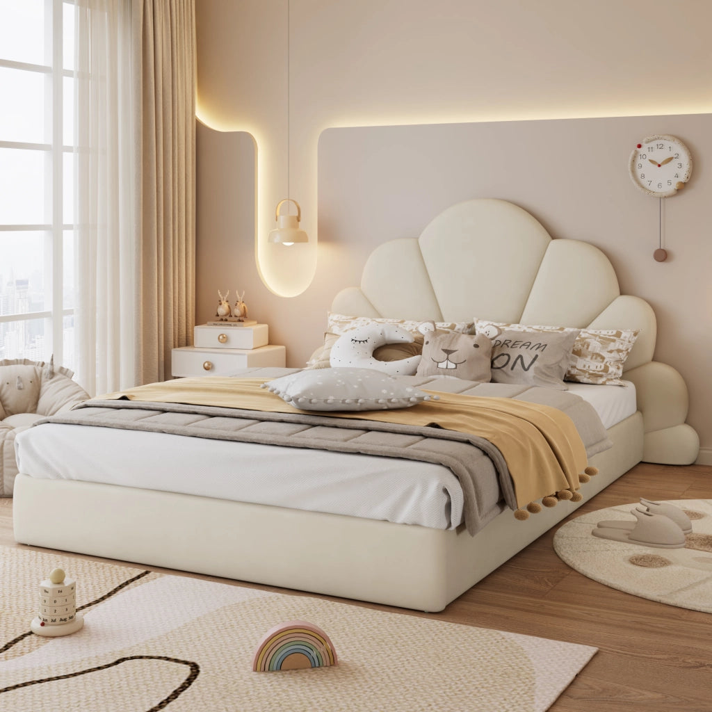 Letto matrimoniale imbottito 140 ¡Á 200 cm in velluto beige con testiera a forma di fiore e rete a doghe