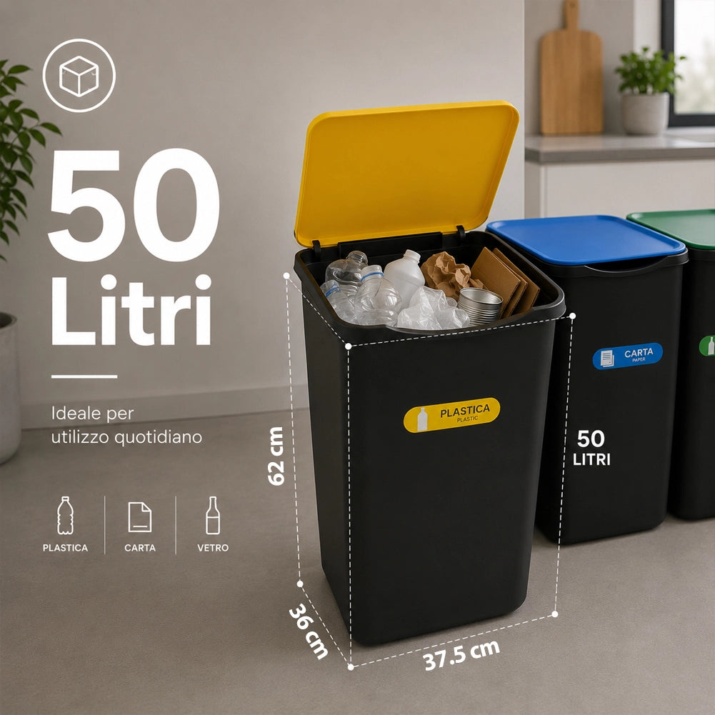 Set 3 Pattumiere Bidoni Raccolta Differenziata Spazzatura da 50 L 37.5x36x62 cm