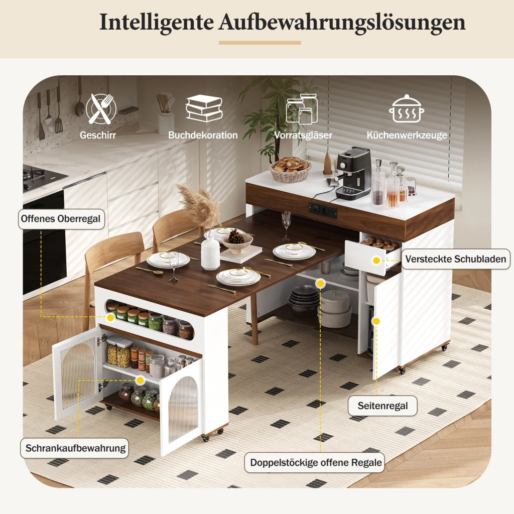 Tavolo allungabile in MDF con prese integrate; ruote e ante in vetro; bianco e noce