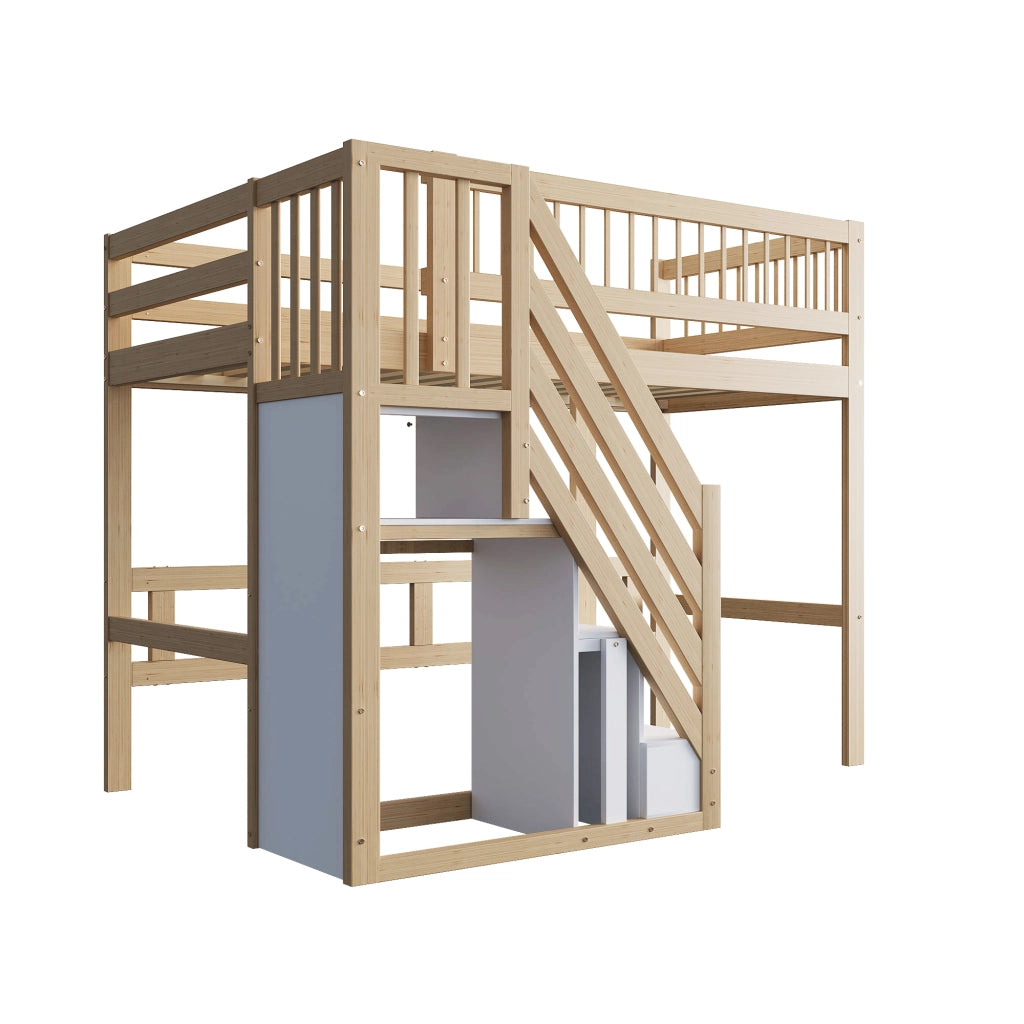 Letto a soppalco 90 × 200 cm con scala contenitore e sponde alte in legno colore naturale