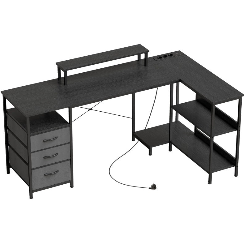 Scrivania angolare a L reversibile con cassetti e ripiani, 170 cm, nero