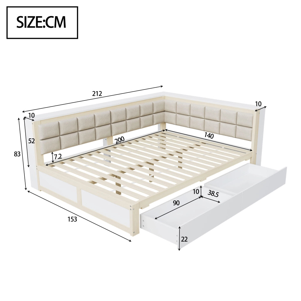 Letto singolo 140×200 cm con 2 cassetti e schienale morbido; senza materasso; legno; colore naturale