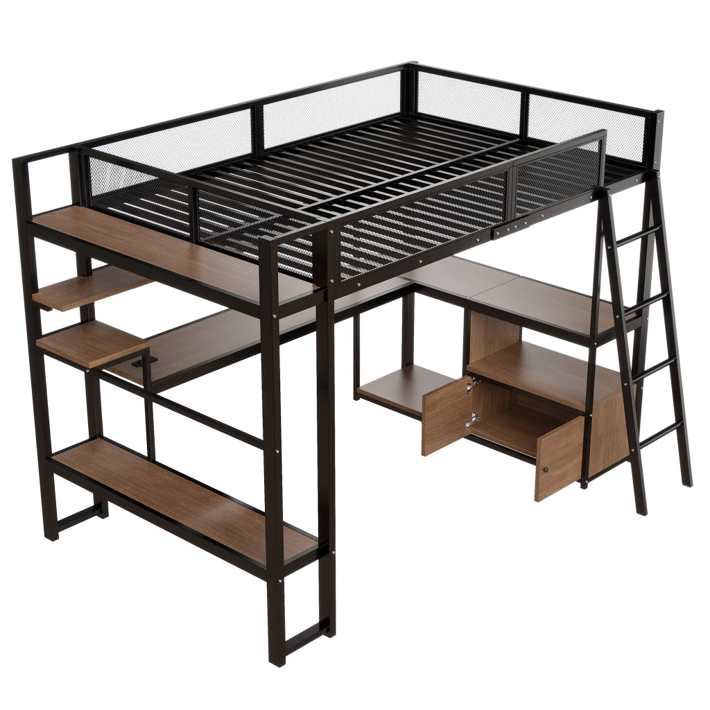 Letto a soppalco 140x200 con scrivania integrata; luci LED; struttura in metallo nero e vani contenitore