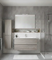 Mobile Bagno LOKI Già Montato 2 cassetti con piedini, lavabo e specchio Rovere affumicato 90x40 cm con colonna