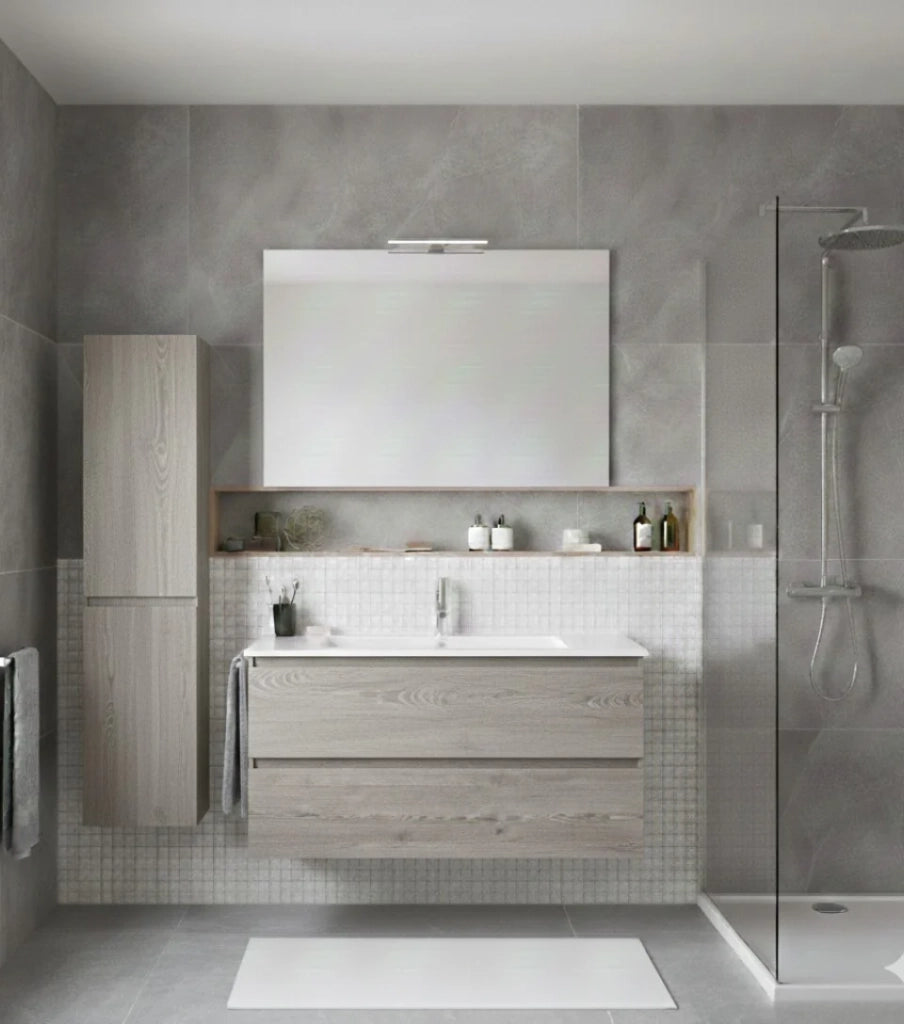 Mobile Bagno LOKI Già Montato 2 cassetti con piedini, lavabo e specchio Rovere affumicato 90x40 cm con colonna