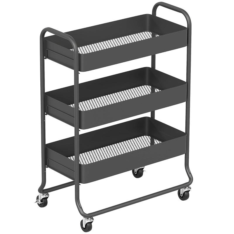 Carrello da cucina a 3 ripiani in metallo nero con 4 ruote di cui 2 bloccabili 64.5 × 34 × 87 cm