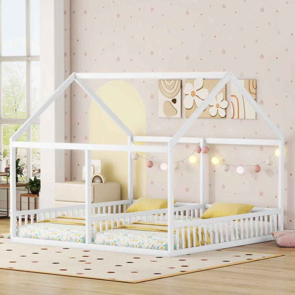 Letto a casetta per bambini 90 × 200 cm e 90 × 200 cm 2 posti con barriere; senza materasso; bianco