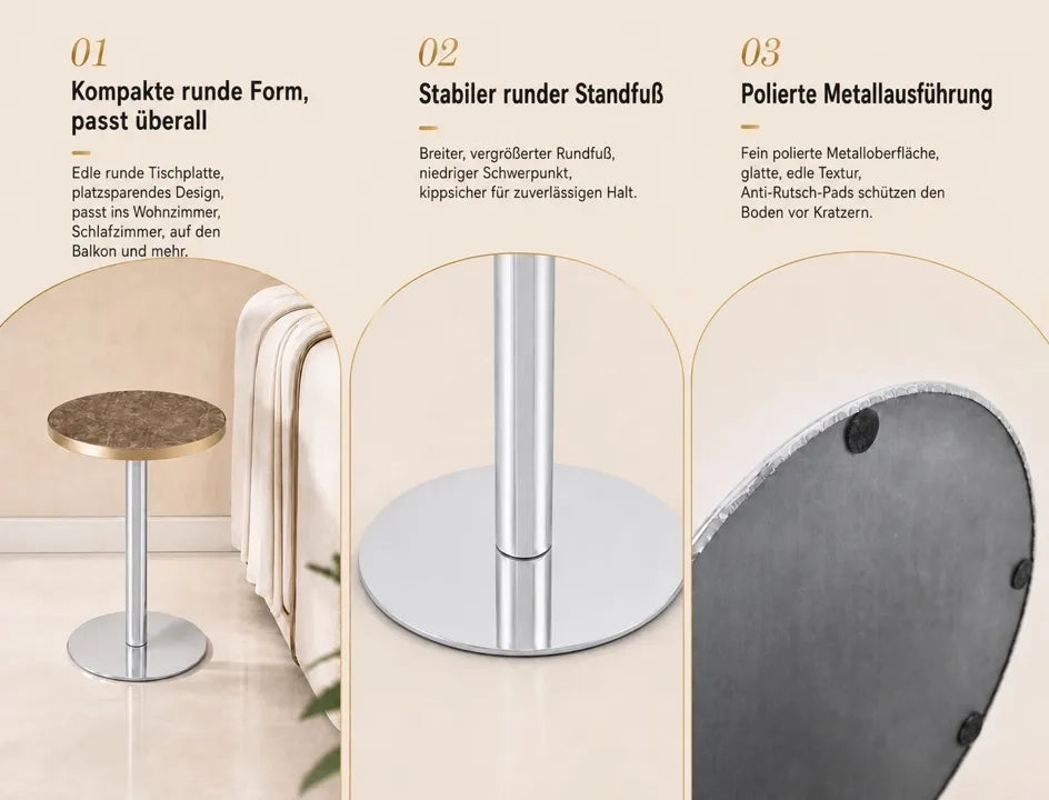 Tavolino rotondo moderno con struttura in acciaio inox dorato e piano effetto marmo UV, base stabile per soggiorno