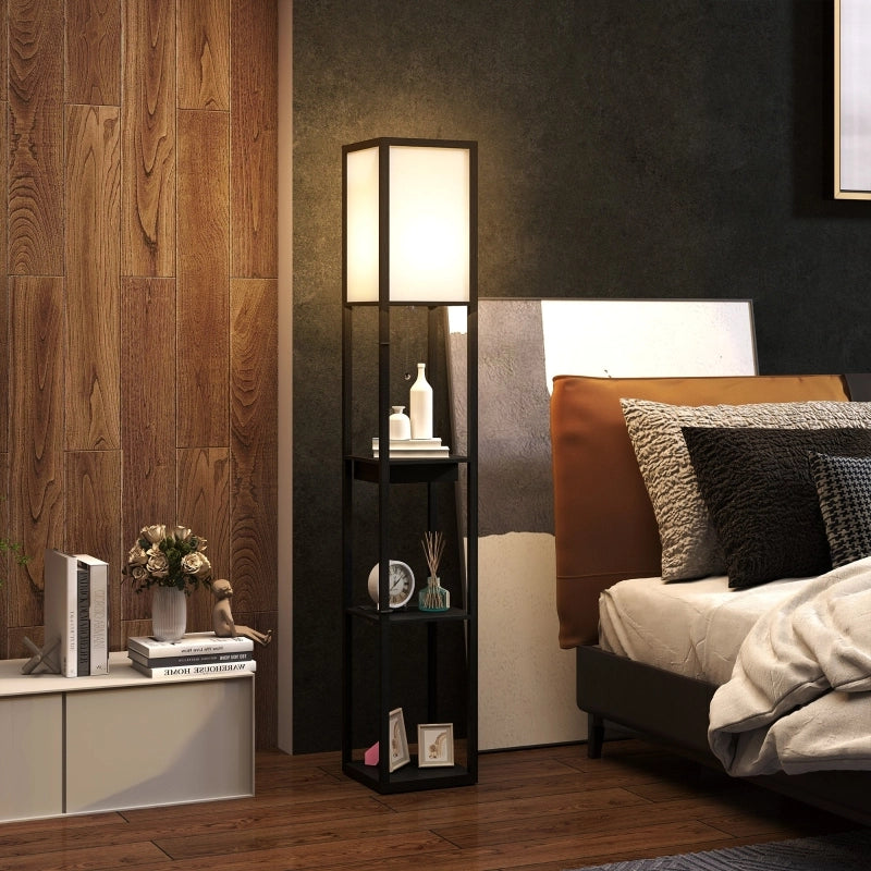 Lampada da terra con 3 ripiani e cassetto prese USB-A USB-C e presa elettrica nera 26 × 26 × 159 cm