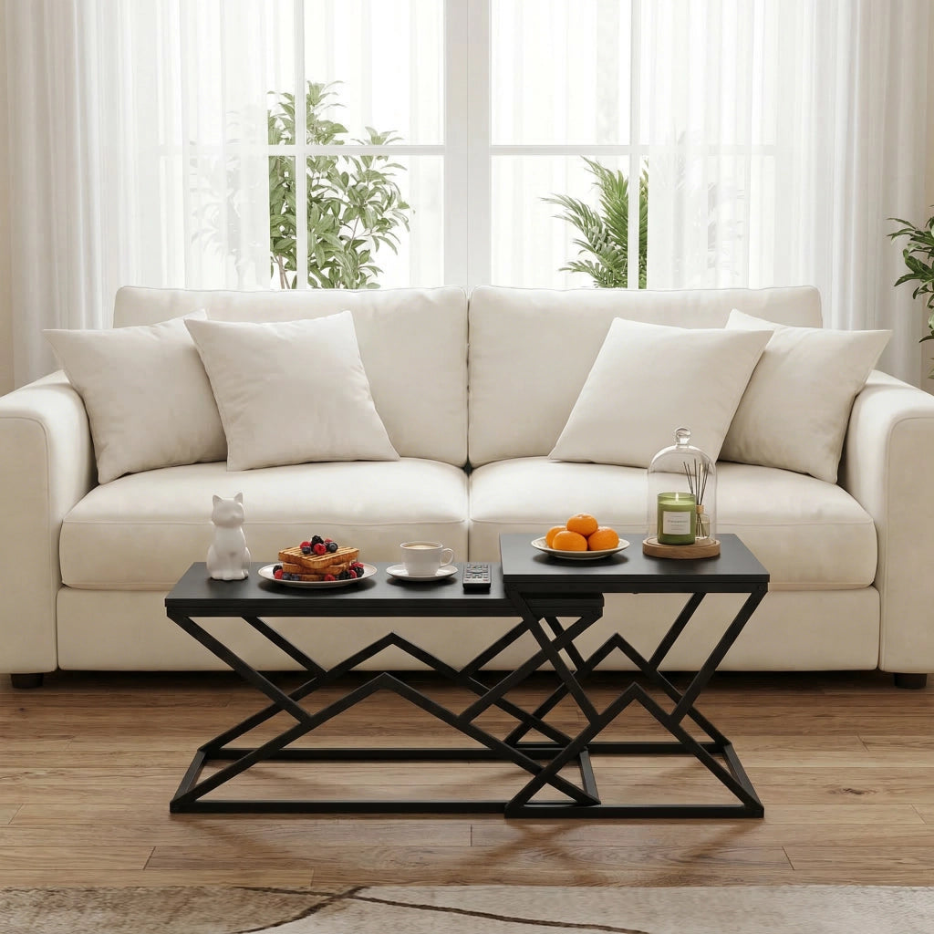 Tavolino basso fisso geometrico con struttura incrociata in ferro e piano in pannello di particelle nero 80 × 50 × 40 cm