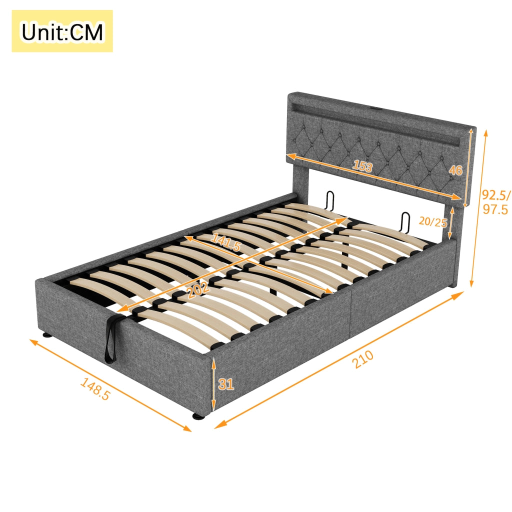 Letto contenitore 140 × 200 cm imbottito con sollevamento idraulico LED USB e USB-C in lino grigio