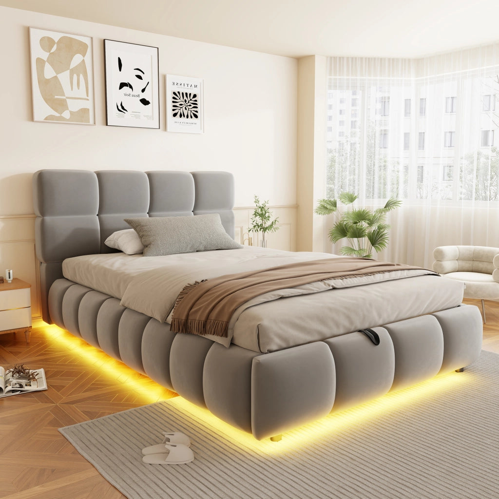 Letto imbottito 90x200 cm con contenitore idraulico e LED in velluto grigio