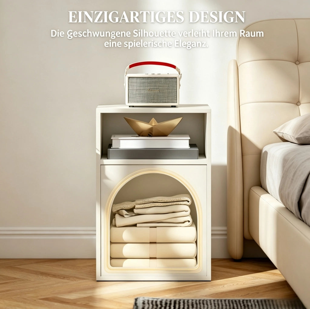 Comodino in MDF color crema con due ripiani aperti, design curvo moderno, 40x30x60 cm