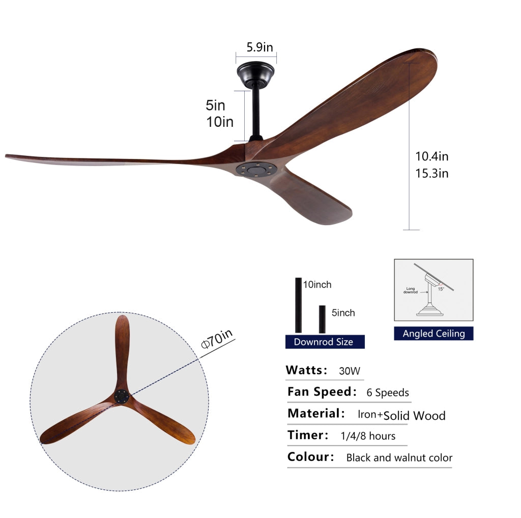 Ventilatore da soffitto ULEVR senza luce con telecomando, 6 velocit¨¤ e motore reversibile, nero e noce scuro
