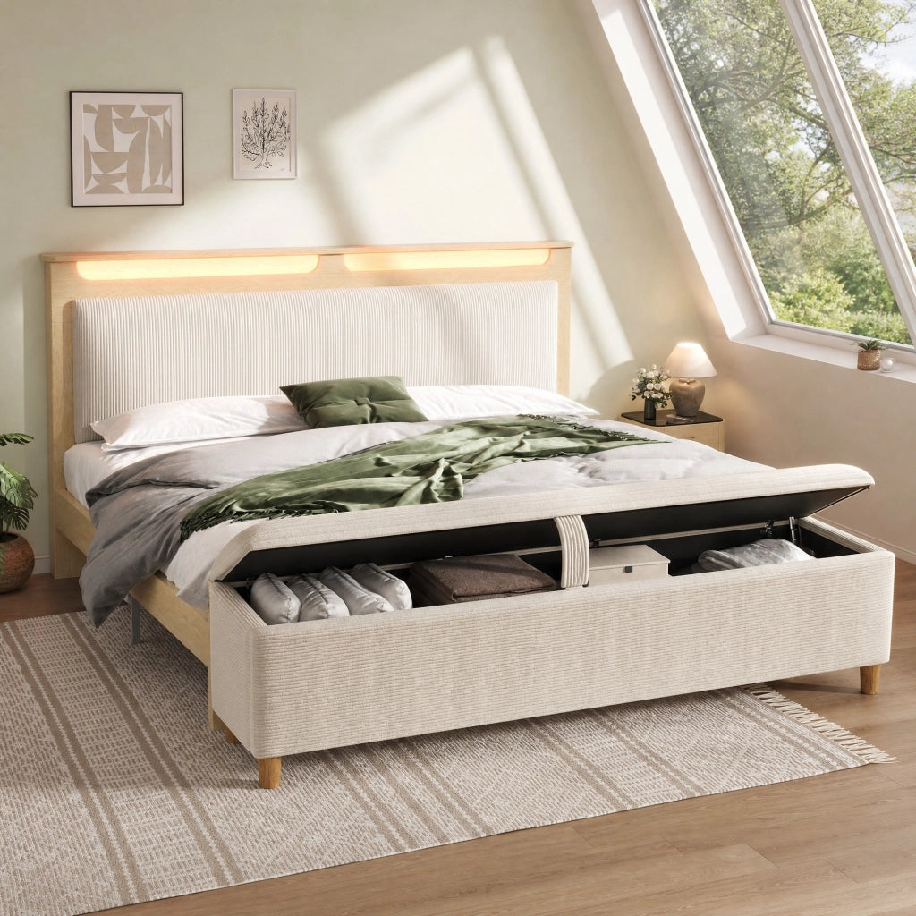 Letto matrimoniale 140 x 200 cm con panca contenitore; LED e testiera imbottita beige