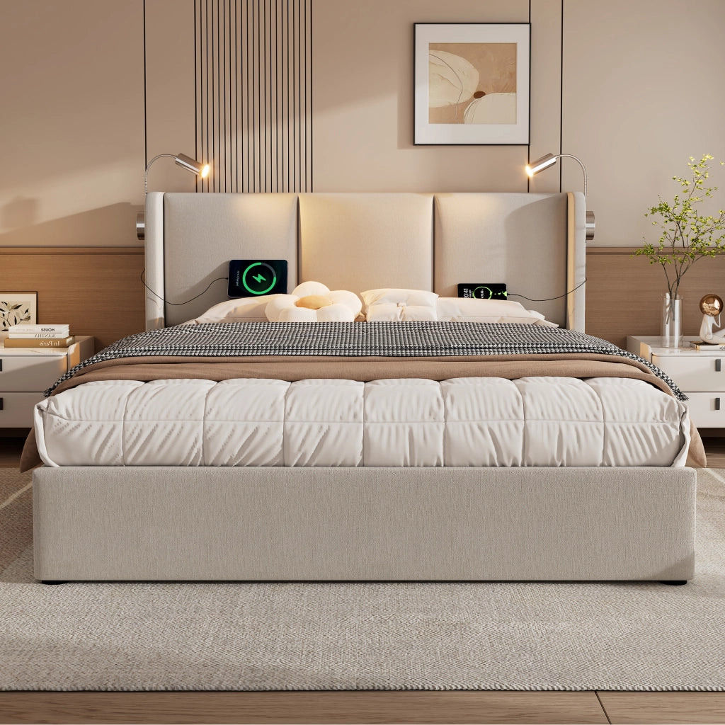 Letto Contenitore Imbottito Matrimoniale con Luce LED e USB ¨C MINIMAL ¨C Tessuto Lino 160x200