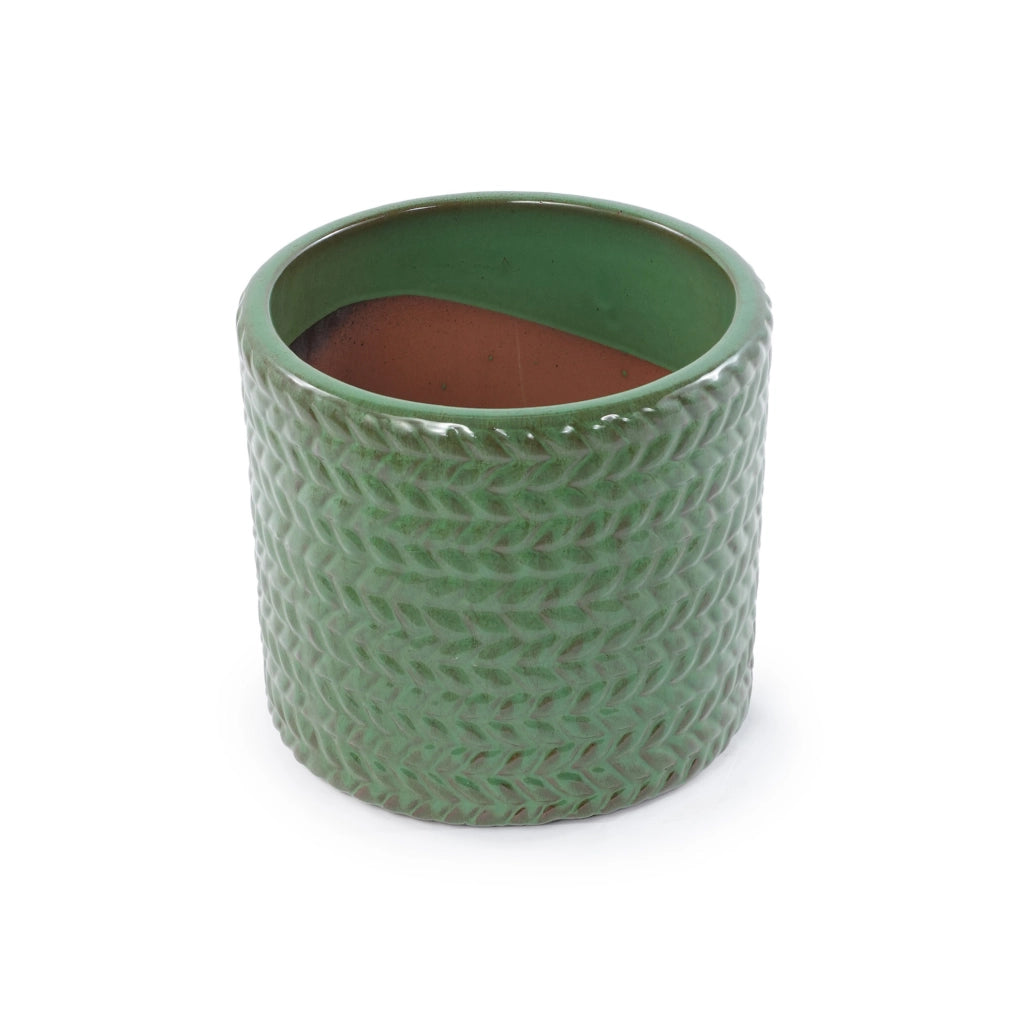 Vaso in ceramica Ø24,5 cm con smalto oliva lucido e motivo spina di pesce, per piante grasse e piante da interno