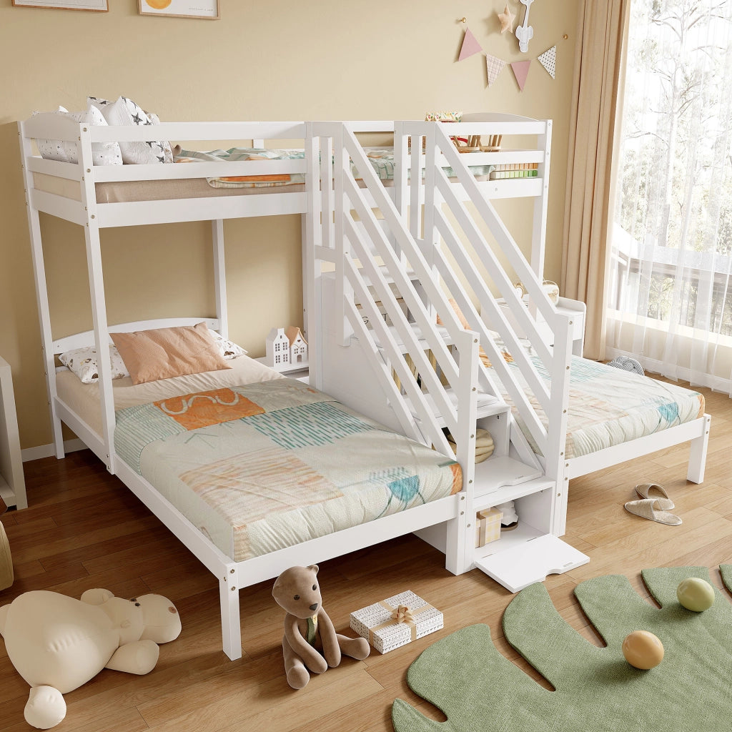 Letto a Soppalco 90x200 cm con Cassetti; Scala e Sponde; Bianco