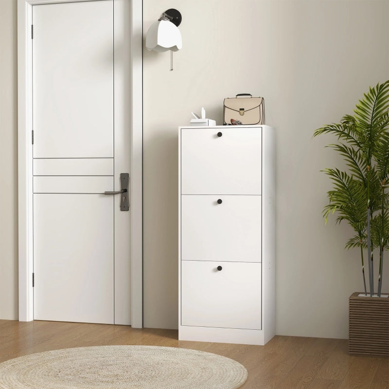 Scarpiera slim con 3 ribalte e ripiani regolabili per 12 paia, per ingresso, in legno, bianca, 47 × 28 × 115 cm