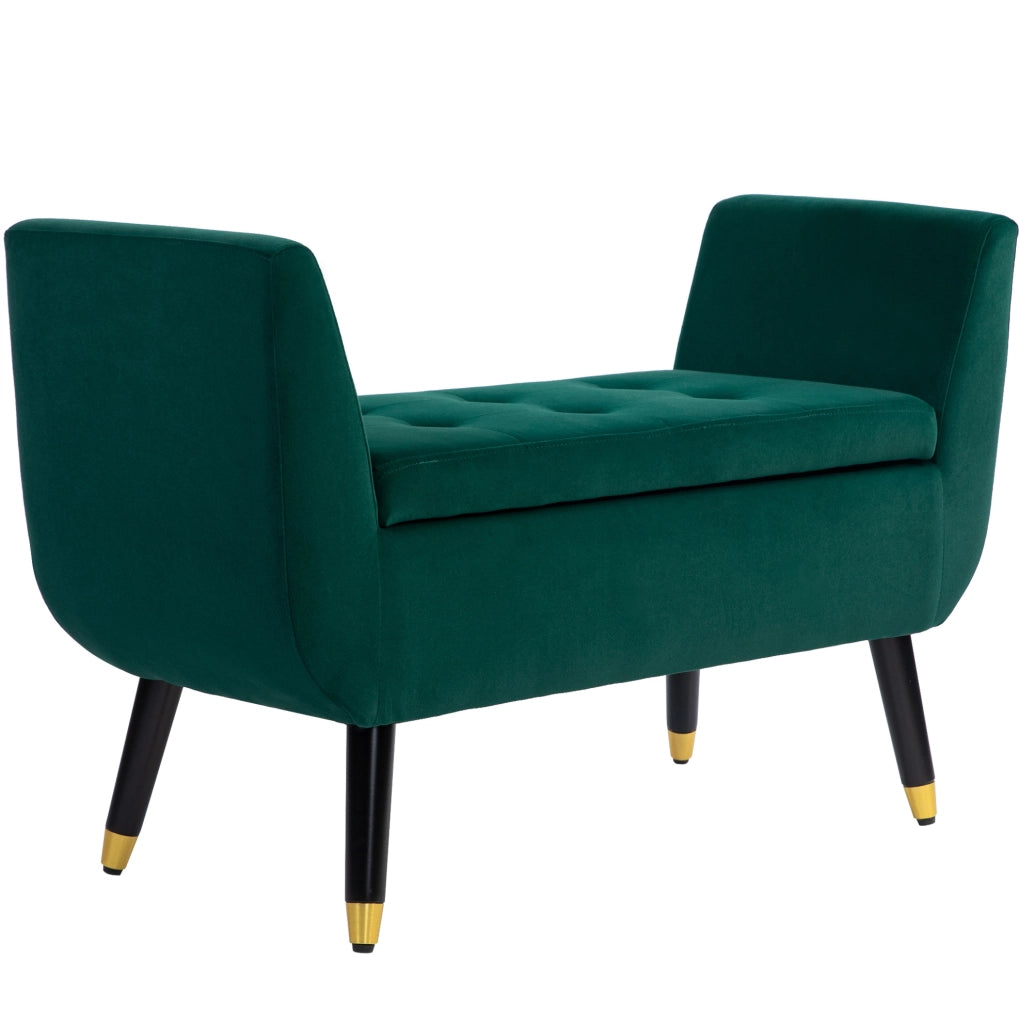 Panca con contenitore in policotone effetto velluto verde con braccioli 107x42x65 cm