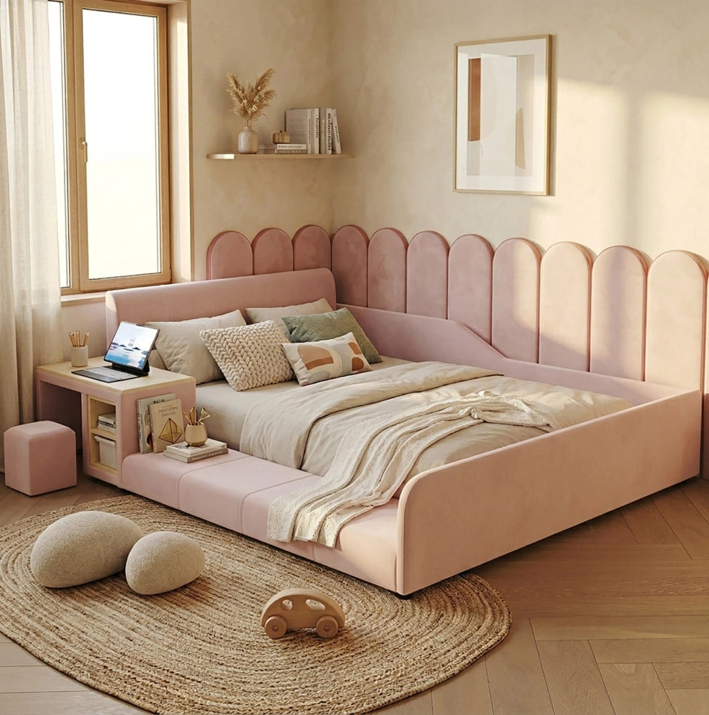 Letto imbottito rosa 140x200 con scrivania e sgabello