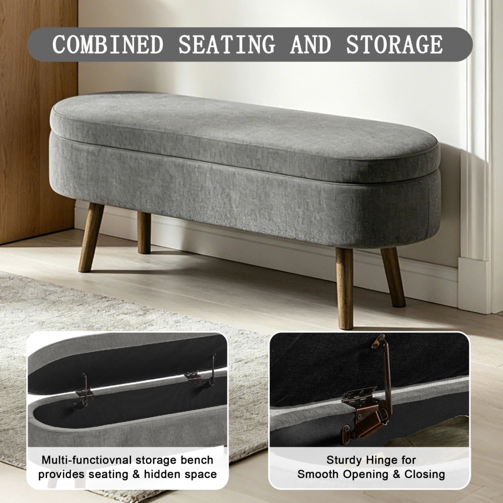 Panca contenitore multifunzione con rivestimento in chenille grigio scuro, struttura in legno massiccio, 110x40x42 cm