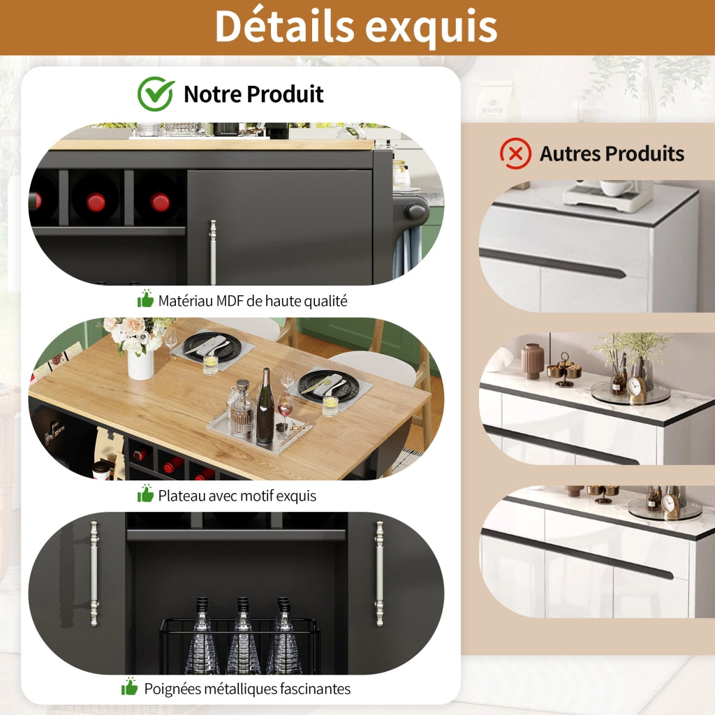 Isola da cucina mobile con piano ribaltabile; 2 cassetti; portabottiglie; ruote girevoli e ripiani nera