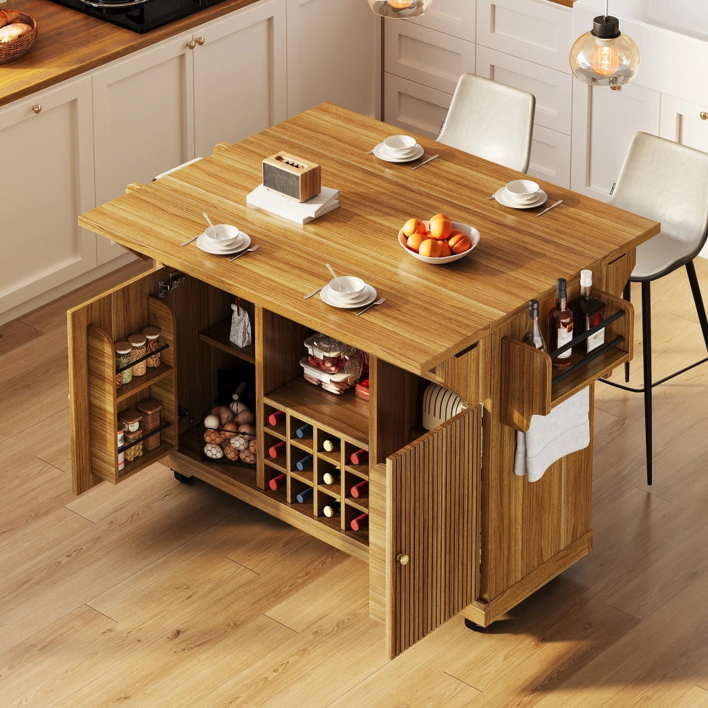 Carrello da cucina con ripiani regolabili, portabottiglie estraibile e piani ribaltabili, in MDF, marrone scuro