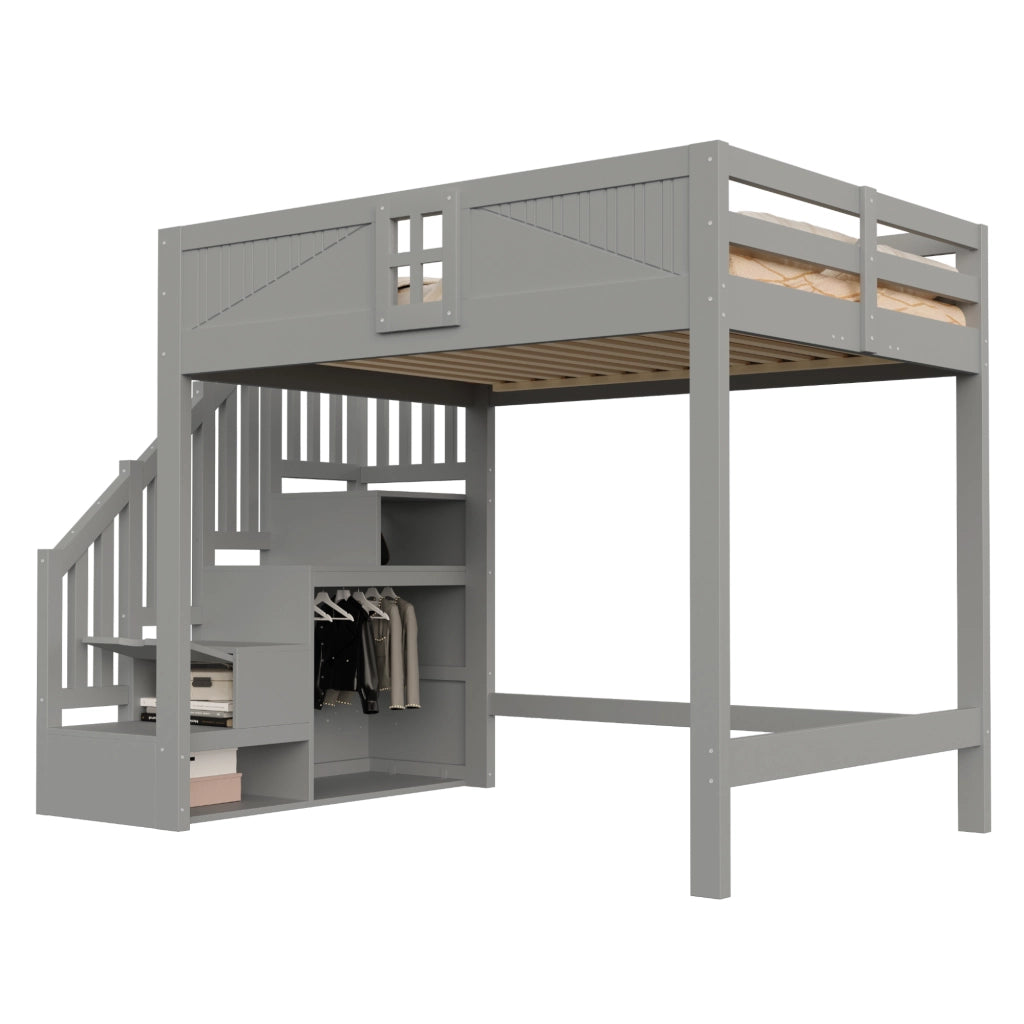 Letto a soppalco 140 x 200 cm - letto multifunzione con scaletta contenitore reversibile, contenitori e sponde con finestra - legno/MDF - grigio