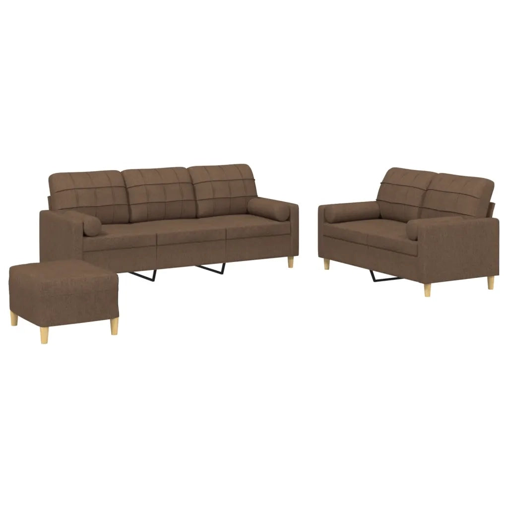 Set di Divani 3 pz con Cuscini Marrone in Tessuto