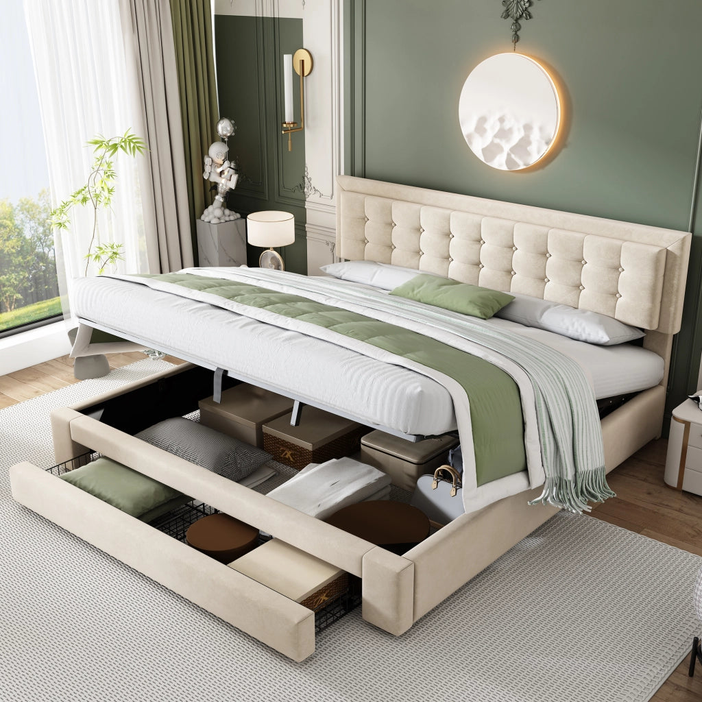 Letto contenitore 180 × 200 cm con testiera regolabile rivestito in velluto beige