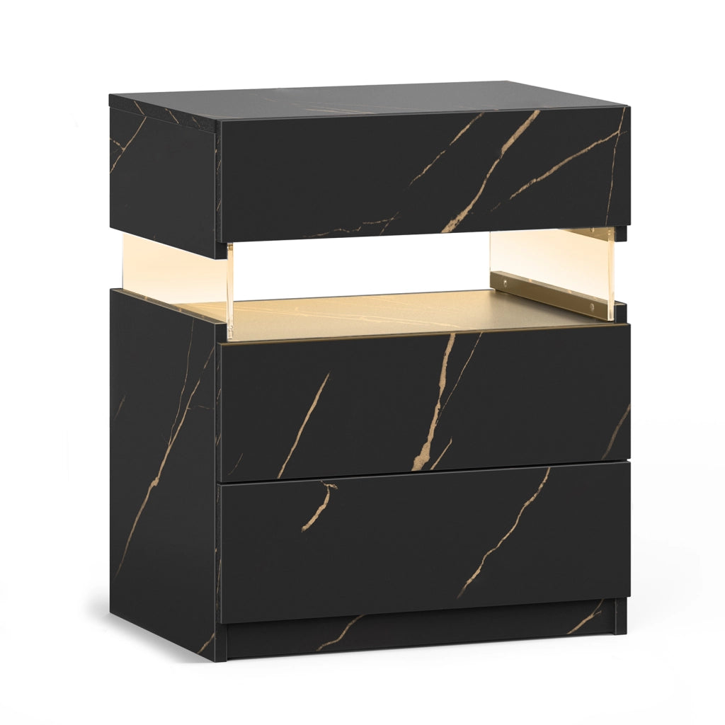 COMODINO con LED e 3 cassetti Nero e oro