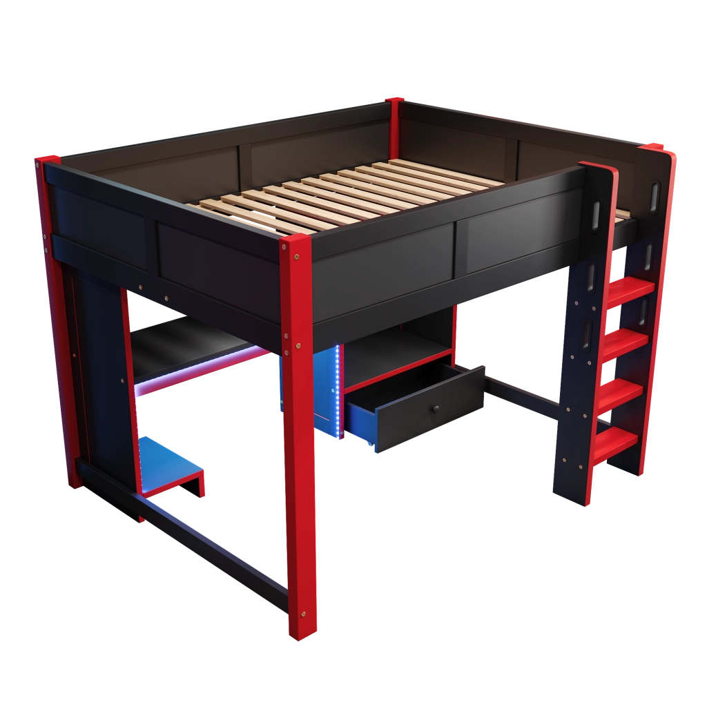 Letto a soppalco 140x200 cm con scrivania integrata; armadio e scaffali; gaming nero e rosso
