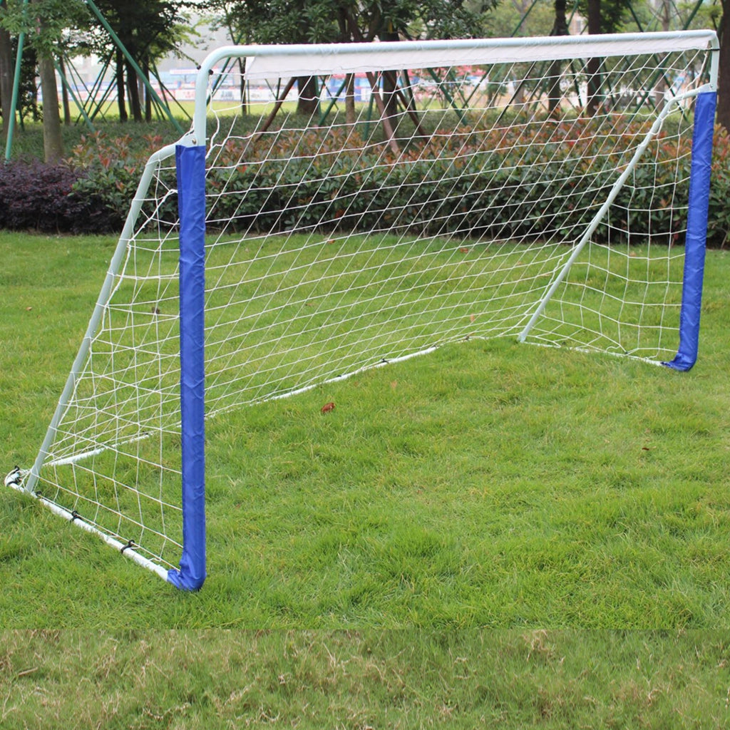 Porta da calcio pieghevole con rete e borsa, acciaio e nylon blu, 243,84 × 152,4 × 91,44 cm