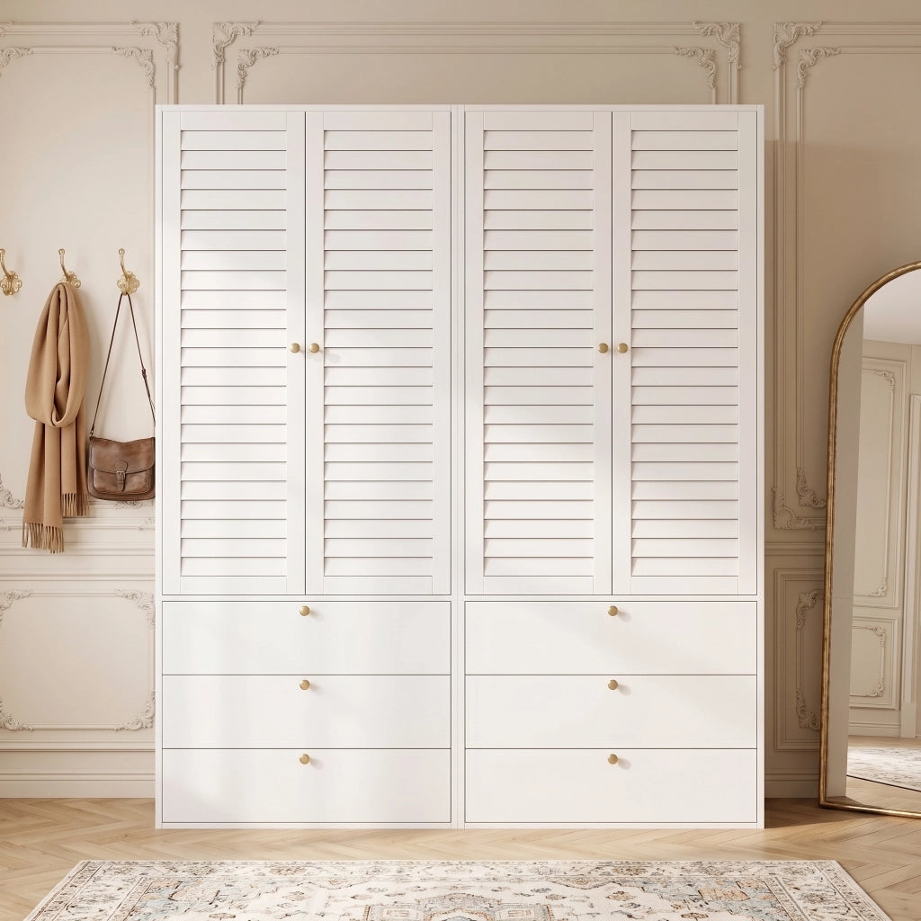 Armadio 4 ante 180 × 50 × 200 cm con 6 cassetti e 2 appendiabiti in pannello truciolare bianco