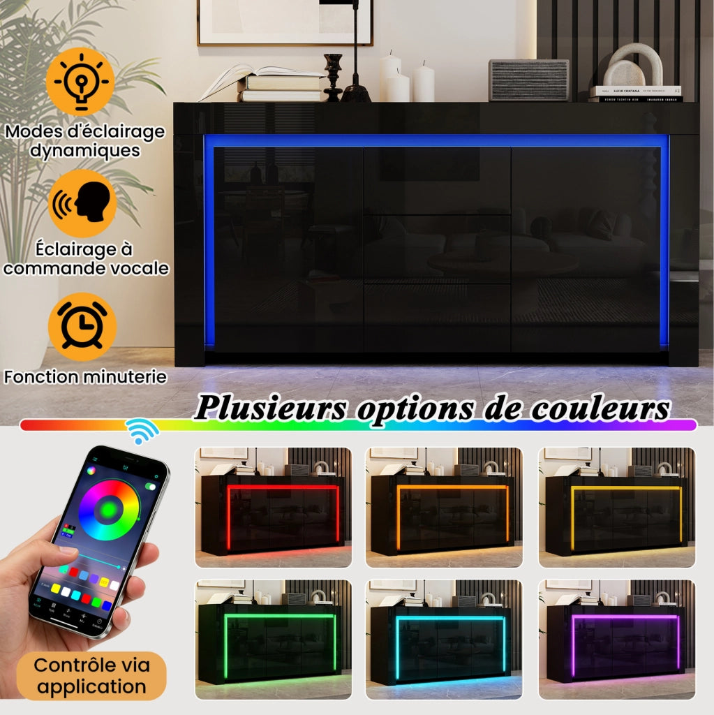 Sideboard nero lucido 140x40x65 cm con 3 cassetti, 2 ante e illuminazione LED regolabile