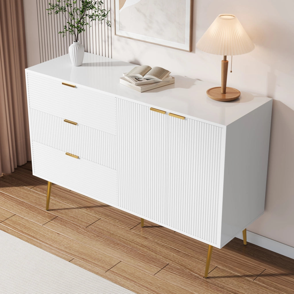 Credenza e madia con 2 ante, 3 cassetti e ripiani interni, stile moderno, in MDF, bianco e oro, 120 × 38 × 80.5 cm