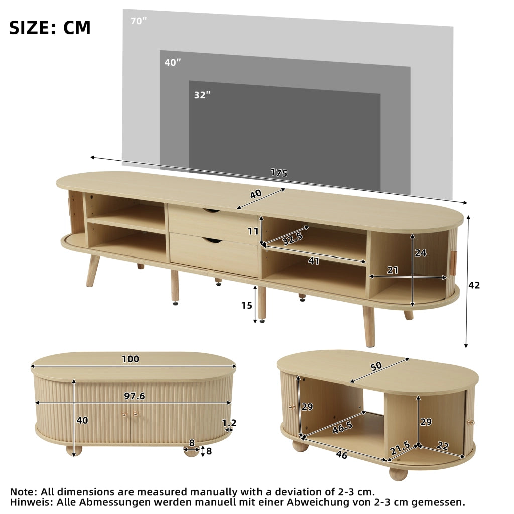Set mobile TV e tavolino da caffè in MDF effetto legno noce chiaro con contenitori